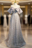 Gray Tulle Sequins Straps Bow Prom Dress