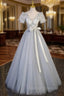 Gray Tulle Short Sleeve V-neck Appliques Prom Dress