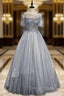 Gray Tulle Spaghetti Straps Beading Prom Dress