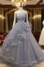 Gray Tulle Spaghetti Straps Pearls Prom Dress