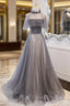 Gray Tulle Strapless Beading Prom Dress With Shawl