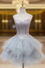 Gray Tulle Strapless Feather Appliques Homecoming Dress