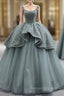 Gray Tulle Straps Beading Prom Dress