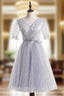 Gray Tulle V-neck Short Sleeve Prom Dress