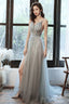 Gray V Neck Tulle Beads Long Prom Dress Beads Tulle Evening Dress