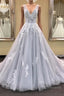 Gray v neck tulle lace applique long prom Dress, gray evening Dress