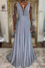 Gray v neck tulle sequin long prom Dress, gray evening Dress