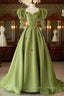 Green A-Line Long Prom Dress Strawberry Lace, Lovely Short Sleeve Evening Dress