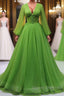 Green A Line Long Prom Dress, V Neck Green Tulle Long Formal Evening Dress