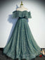 Green A line Tulle Long Prom Dress, Green Graduation Dress