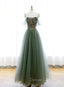 Green A-line Tulle with Lace Applique Long Formal Dress, Green Prom Dress