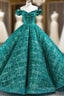 Green Ball Gown Sequins Off the Shoulder Floor Length Prom Dress