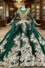 Green Ball Gown Tulle Appliques Backless Long Sleeve Beading Wedding Dress