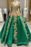 Green Ball Gown Tulle Gold Sequins Appliques V-neck Prom Dress