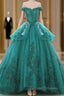 Green Ball Gown Tulle Lace Layered Off The Shoulder Quinceanera Dress