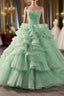 Green Ball Gown Tulle Strapless Tiers Prom Dress