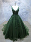 Green Beaded and Lace V-neckline Low Back Long Party Dress, Green Evening Dress Party Dress