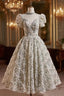 Green High Neck Puff Sleeve Beading Prom Dress