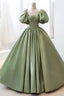 Green Sweet Elegant A-Line Long Satin Short Sleeves Prom Dress Evening Dress Birthday Dress Graduation Dress