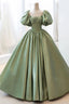 Green Sweet Elegant A-Line Long Satin Short Sleeves Prom Dress Evening Dress Birthday Dress Graduation Dress