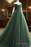 Green Off Shoulder Tulle Sweetheart Long Party Dress, Green Tulle Evening Dress Prom Dress