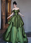 Green Satin Long Off Shoulder Princess Formal Dress, Green Satin Prom Dress