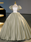 Green Satin Puff Sleeve Bow Quinceanera Dress