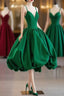 Green Satin Tea-Length Straps Prom Dress, Spaghetti Straps Homecoming Gown