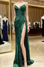 Green Satin With Lace Straps Long Evening Dress Prom Dress, Green Satin Party Dres