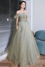 Green Shiny Tulle Long Prom Dress With Sequins, Green Evening Graduation Dress
