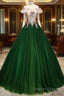 Green Tulle Off Shoulder Long Formal Dress With Lace, Sweet 16 Gown