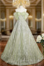 Green Tulle Sequins Long Prom Dress, Beautiful Off The Shoulder Party Dress