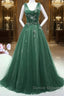 Green Tulle V Neck Beading Appliques Prom Dress