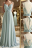 Green V Neck Chiffon Prom Dress with Lace Back, Green V Neck Long Formal Evening Dress