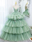 Green V Neck Tulle Long Prom Dresses, Ball Gown Green Sweet 16 Dresses