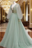 Green V Neck Tulle Sequin Long Prom Dress, Green Evening Dress