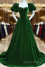 Green Velvet Backless Long Party Dress, Green Short Sleeves Formal Dress Prom Dress
