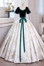 Green Velvet Floor-Length Printing Prom Dresses, A-Line Short Sleeve Evening Formal Dresses