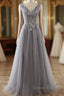 Grey A-Line Tulle With Lace Long Formal Dress V-Neckline Prom Dress Sleeveless December Wedding Guest Dress