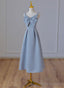 Grey Blue Tea Length Satin Straps Formal Dress, A-line Wedding Party Dress