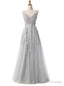 Grey V Neck Long Lace Appliques Prom Dresses