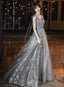 Grey V-Neckline Tulle Beaded Waist Long Party Dress, A-Line Grey Formal Dress