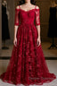 Half Sleeves Burgundy Lace Prom Dress, Wine Red Half Sleeves Long Lace Formal Evening Dress