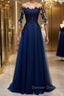 Half Sleeves Navy Blue Long Lace Prom Dress, Dark Navy Blue Long Lace Formal Bridesmaid Dress