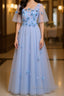 Half Sleeves Round Neck Blue Floral Long Prom Dress, Blue Long Formal Evening Dress with Flower