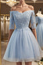 Half Sleeves Short Lace Prom Dress, Short Lace Homecoming Bridesmaid Dress