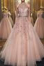 Halter Neck Pink Lace Long Prom Dress with Belt, Pink Lace Formal Dress, Pink Evening Dress