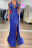Halter Neck Royal Blue Long Prom Dress, Shiny Royal Blue Long Formal Evening Dress