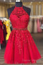 Halter Short Red Homecoming Dress With Lace Appliques And Beaded Band