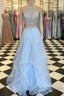 Halter Two Piece Beading Blue Ruffles Tulle Prom Dress